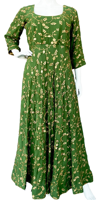 Olive Green Flared Pure Georgette Long Gown with Dupatta, Indian Long CNP Associates LLC Olive Green Flared Pure Georgette Long Gown with Dupatta, Indian Long CNP Associates LLC