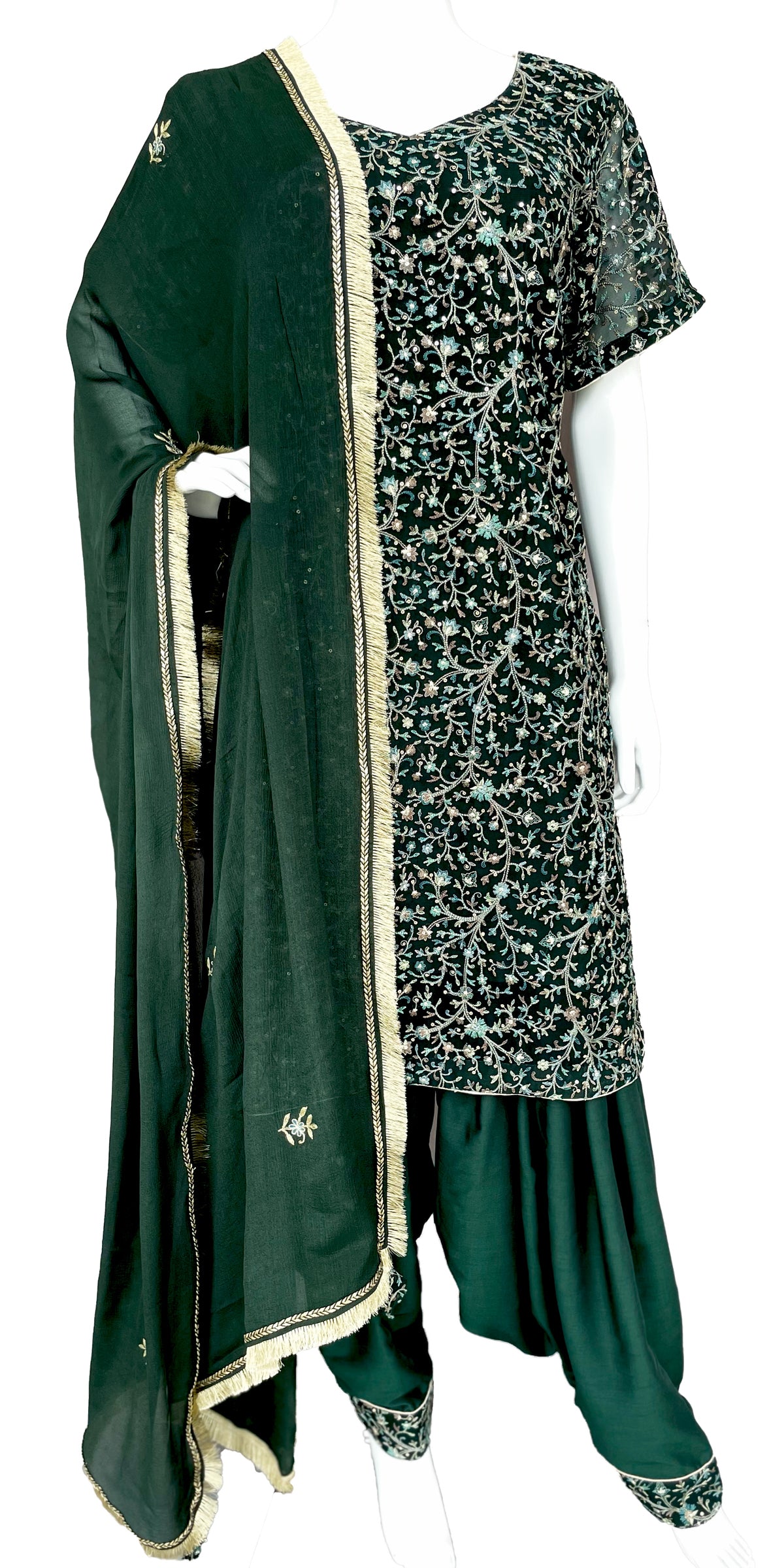 Bottle Green Patiala salwar Muslin suit, Kashmiri Embroidered Kurta, Wedding wear, Mehendi Wear Suit, Gift for her, Punjabi Suit, Handmade