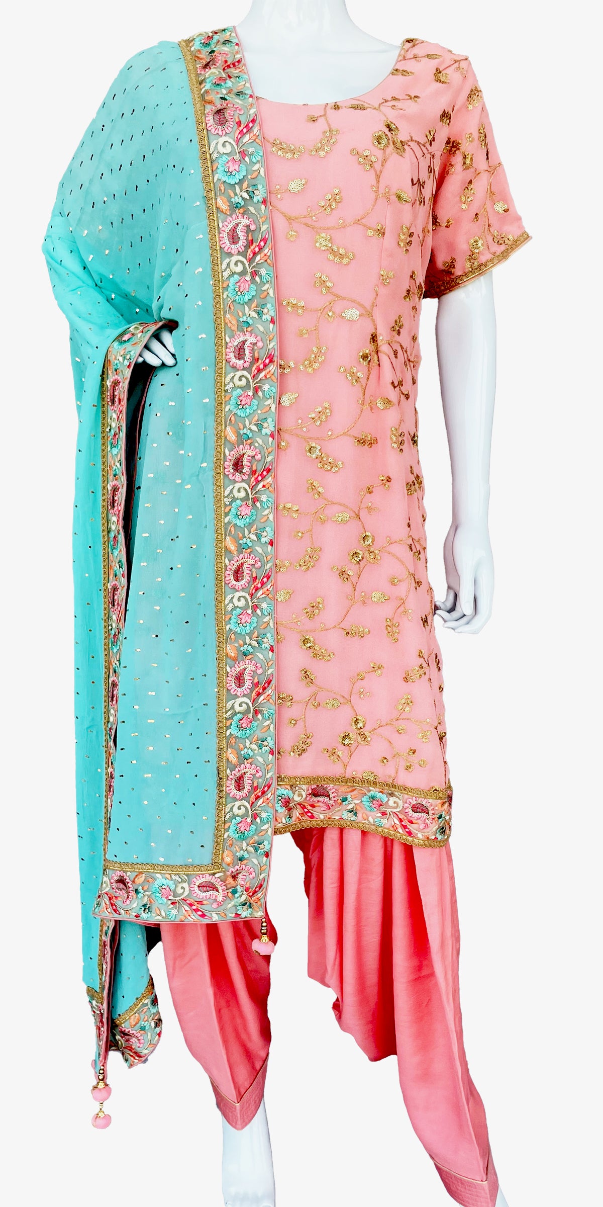 Pink Patiala salwar suit, Golden Zari Embroidered Kurta, Pure Georgette