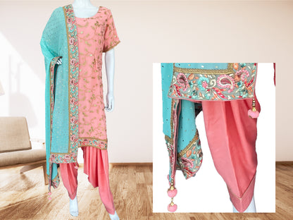 Pink Patiala salwar suit, Golden Zari Embroidered Kurta, Pure Georgette