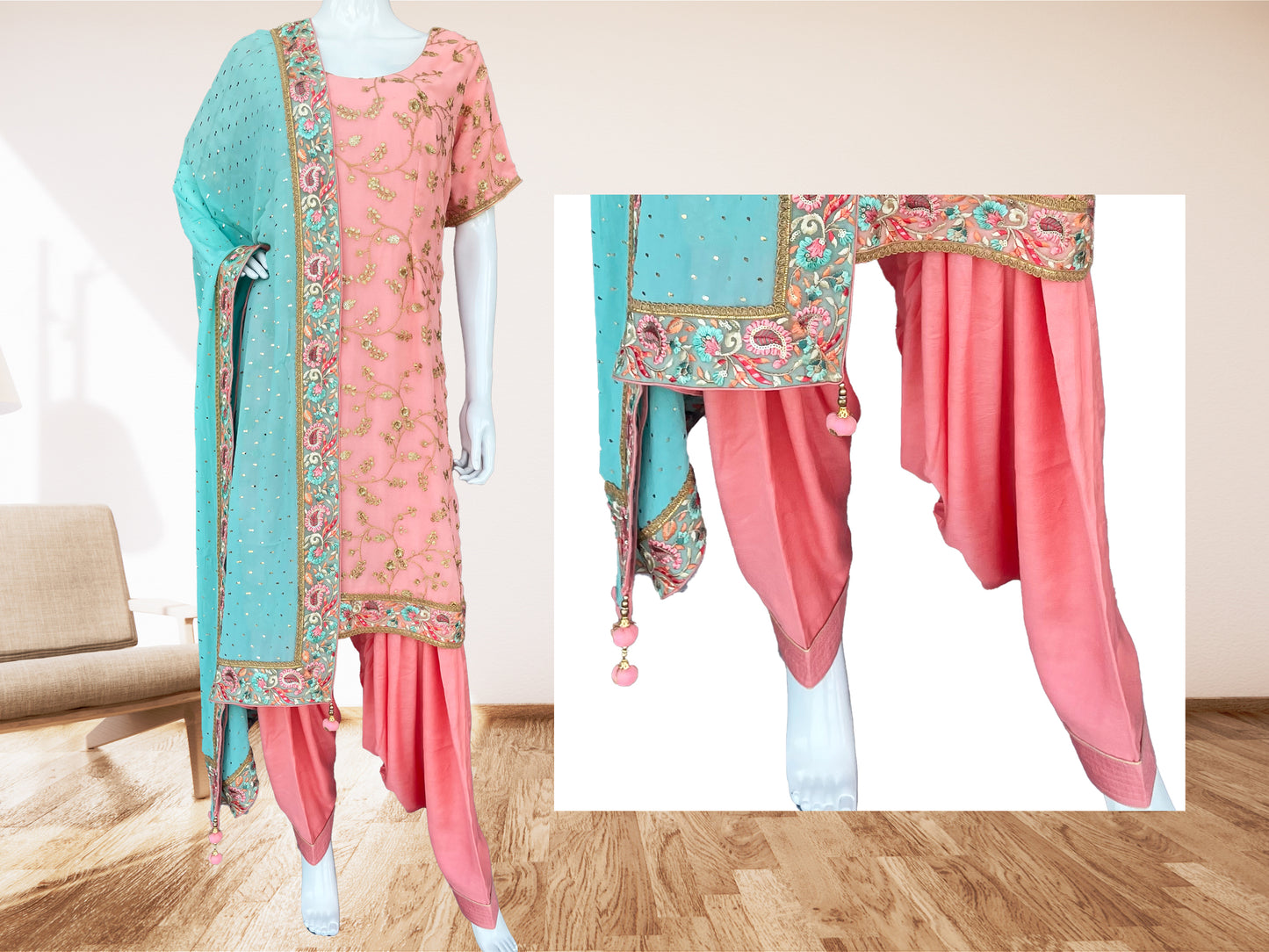 Pink Patiala salwar suit, Golden Zari Embroidered Kurta, Pure Georgette