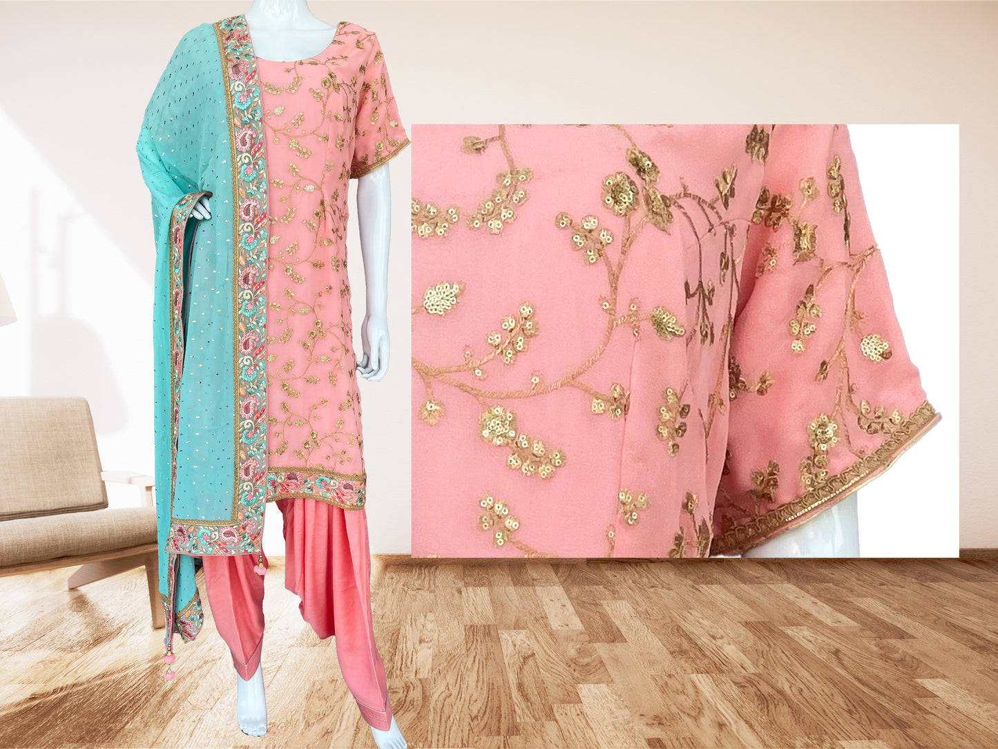 Pink Patiala salwar suit, Golden Zari Embroidered Kurta, Pure Georgette