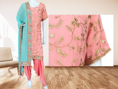 Pink Patiala salwar suit, Golden Zari Embroidered Kurta, Pure Georgette
