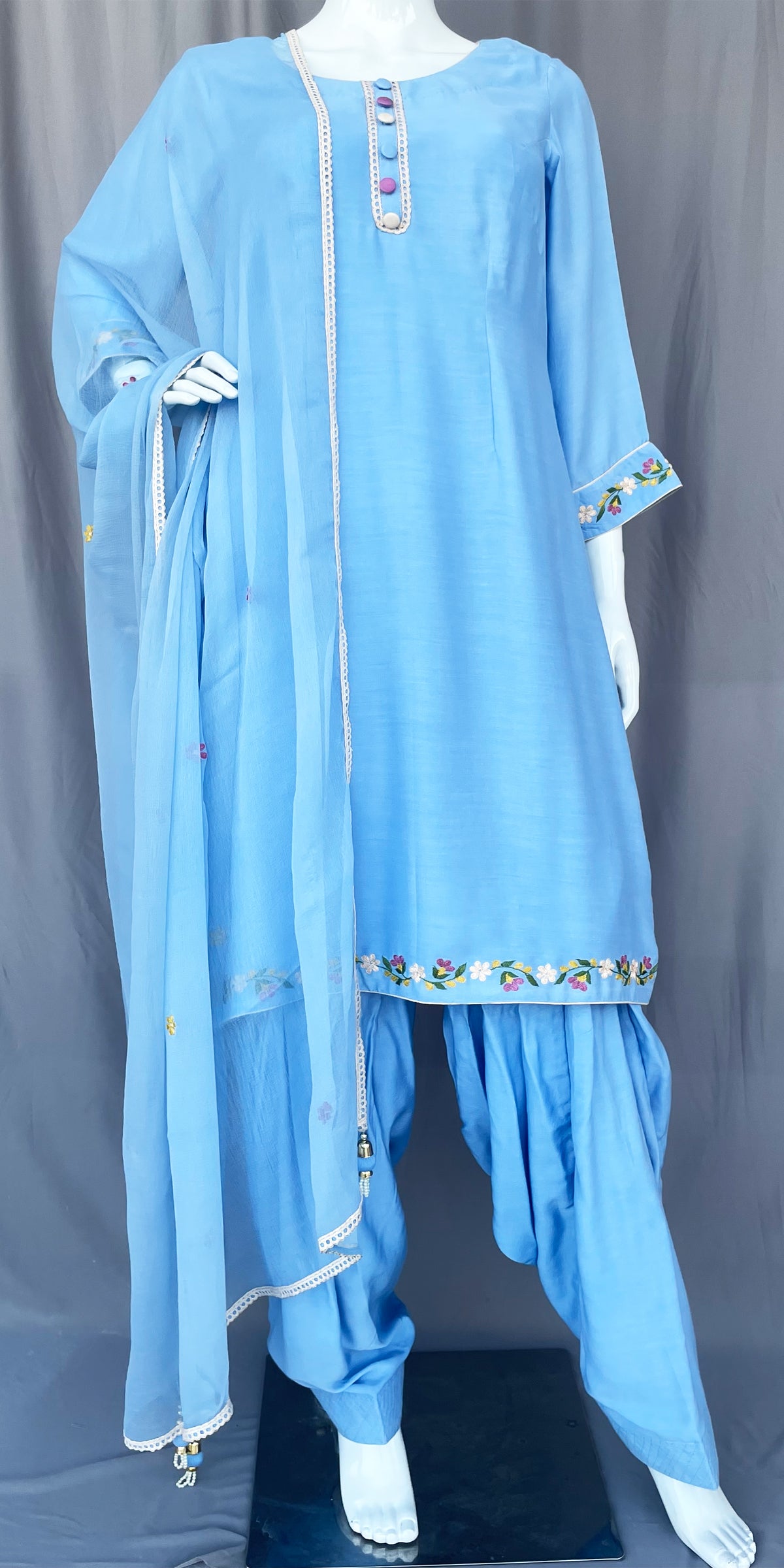 Sky Blue Pure Muslin Patiala Salwar Suit with Floral Hand Embroidery work