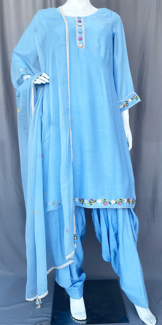 Sky Blue Pure Muslin Patiala Salwar Suit with Floral Hand Embroidery work