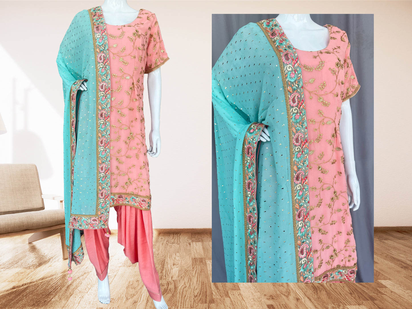 Pink Patiala salwar suit, Golden Zari Embroidered Kurta, Pure Georgette