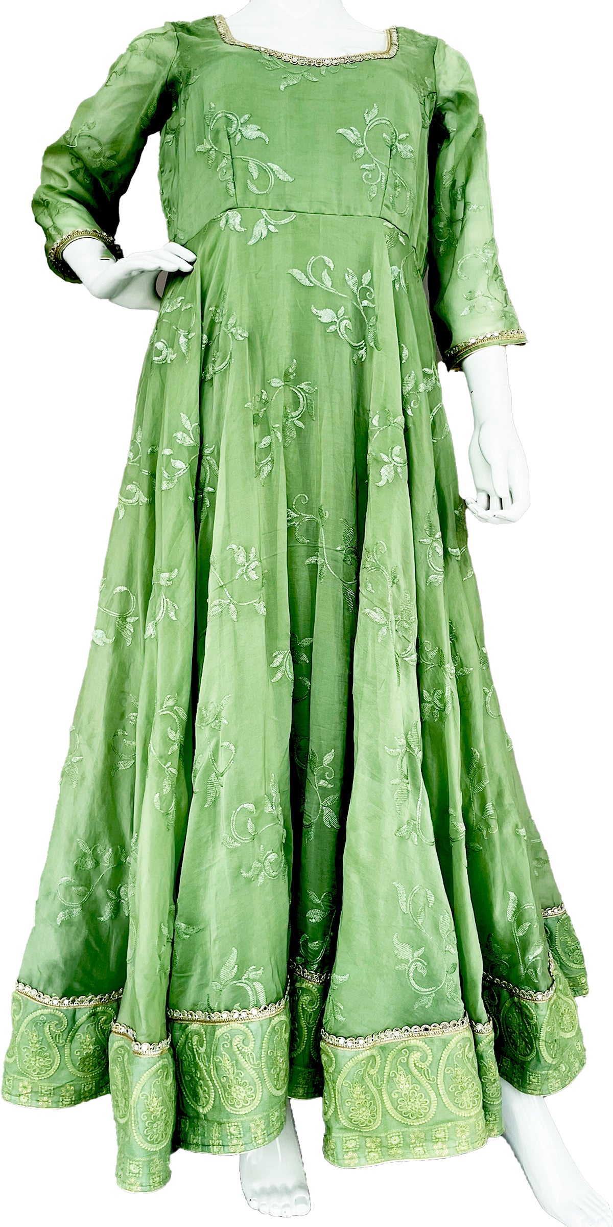 Pista Green Anarkali Gown with Stole, Pure Organza Embroidered Long Dress, Partwear, Plus size long gown with Dupatta, Indian Long Dress