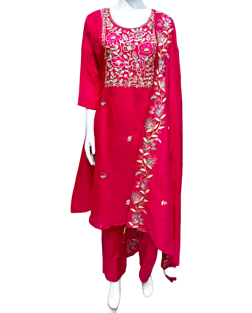 Pink 3pcs Pant Suit, Floral Embroidery, Mul Chanderi Indian Ethnic Suit,