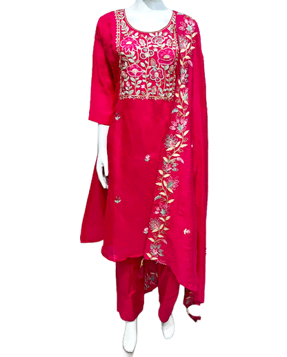 Pink 3pcs Pant Suit, Floral Embroidery, Mul Chanderi Indian Ethnic Suit,