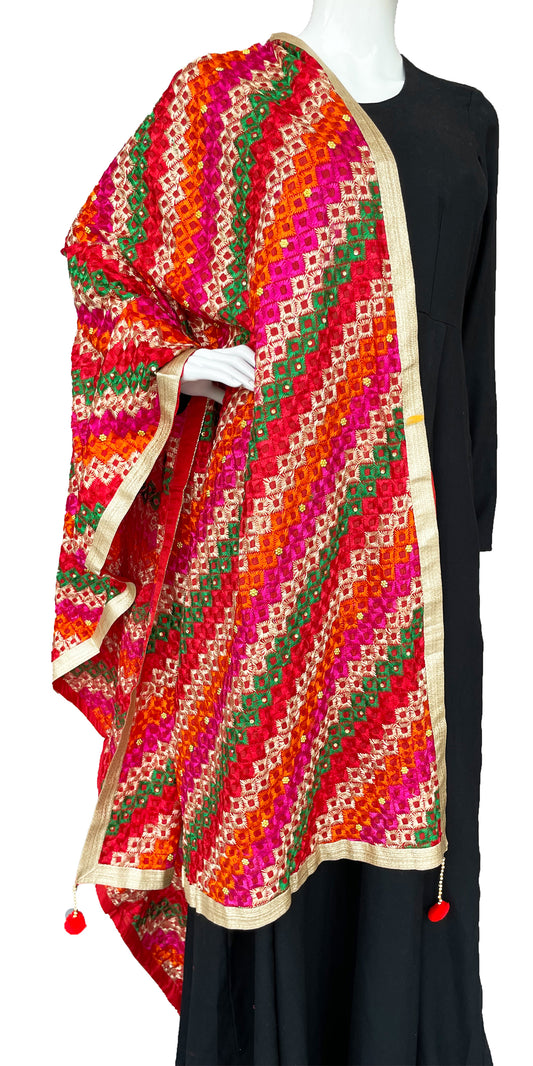 Multicolor Traditional Golden Phulkari Dupatta, Indian Ethnic Punjabi Stole, with golden Border