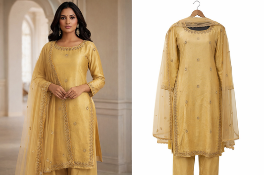 Women's mustard yellow hand embroidered Viscose Silk salwar suit with traditional Gota Work and matching dupatta.