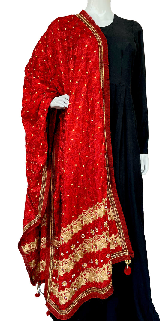 Maroon Golden Phulkari Dupatta, Indian Ethnic Punjabi Stole