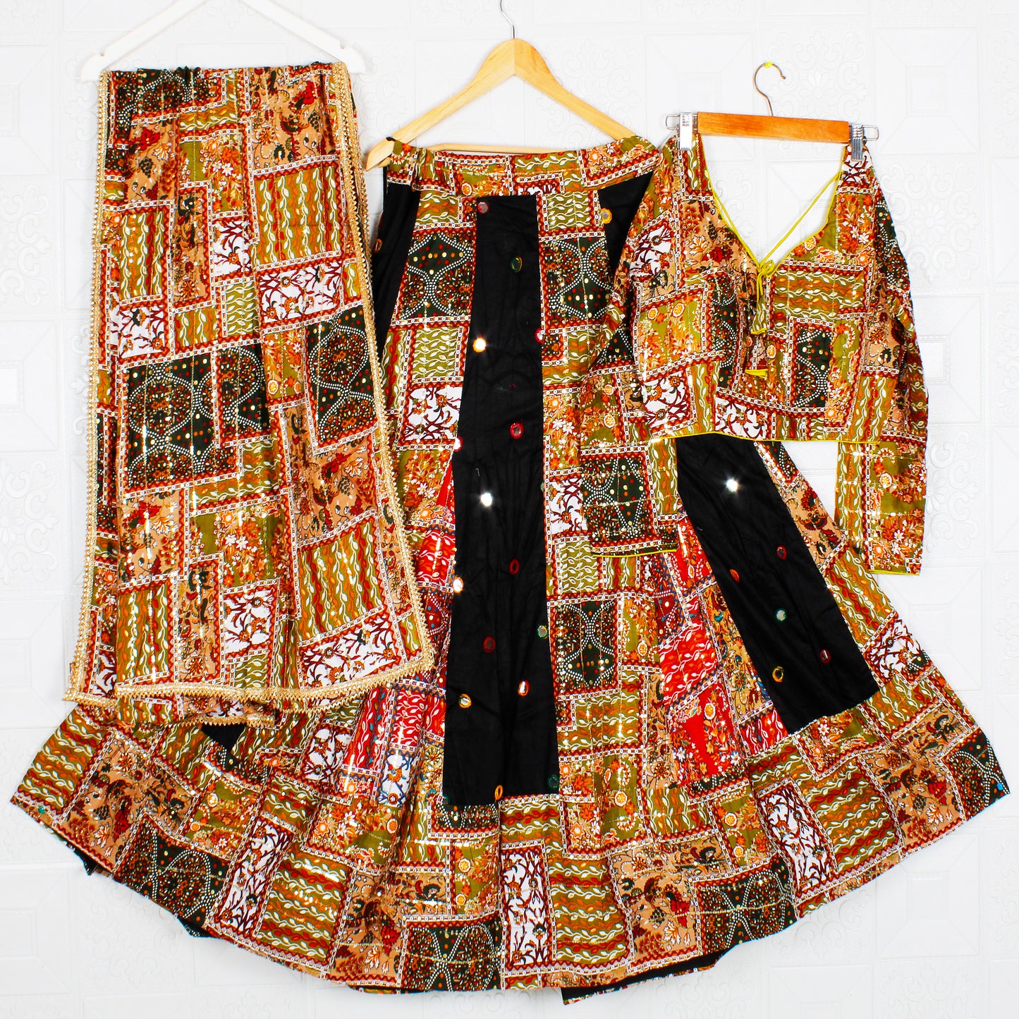 Black and Brown Gujarati Chaniya Choli/Lehenga Dress with Multicolor Patterns Wedding Festival Gujarati Embroidery Border Indian Fashion