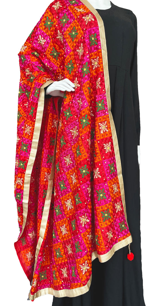 Pink Orange Multicolor Traditional Golden Phulkari Dupatta, Indian Ethnic Punjabi Stole, with golden Border