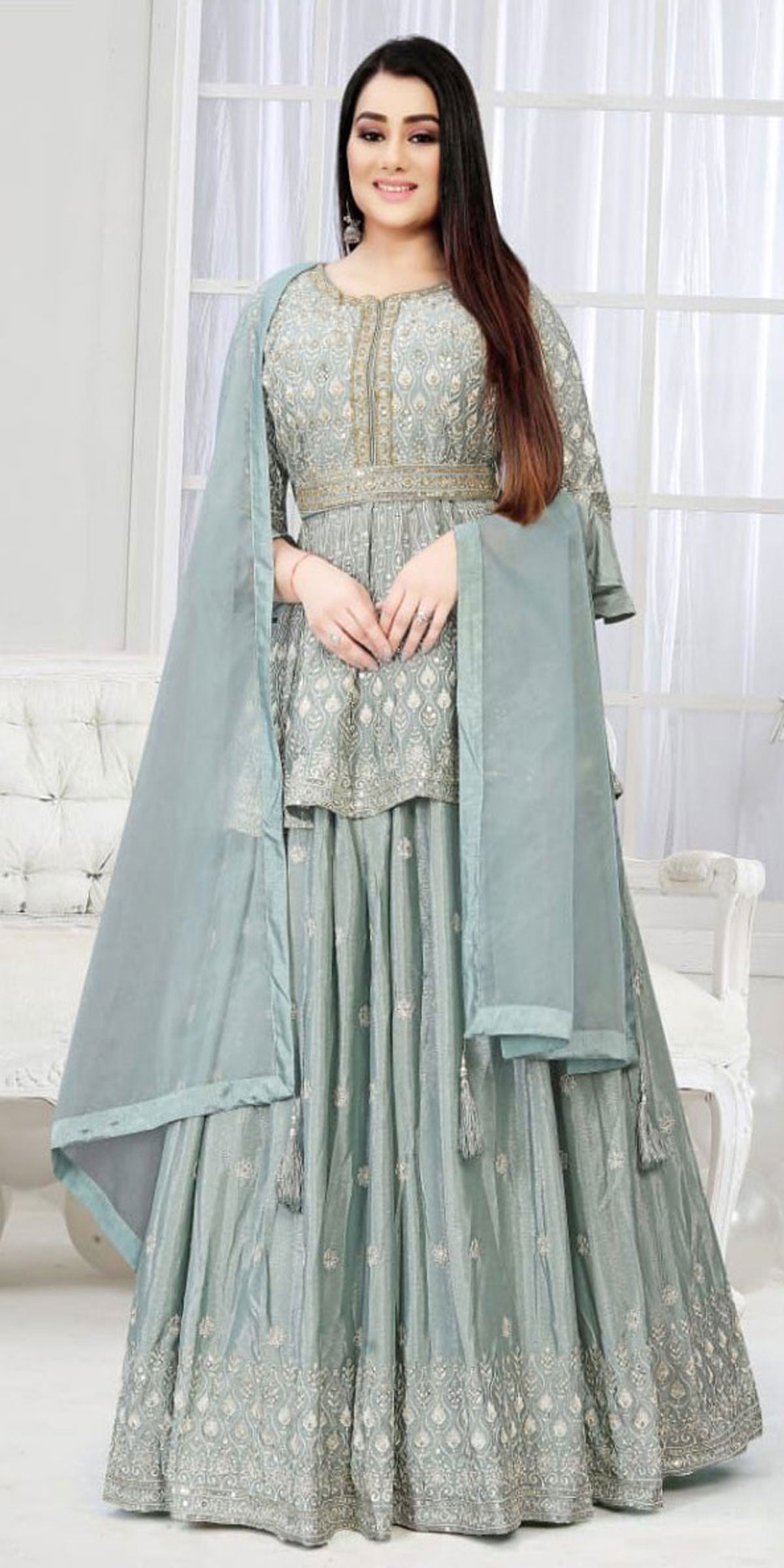 Gray Lehenga with long Blouse, Light grey Long Indian Skirt, Sequins work, Partywear, wedding wear, Bridesmaid dress, Pastel Color Lehenga