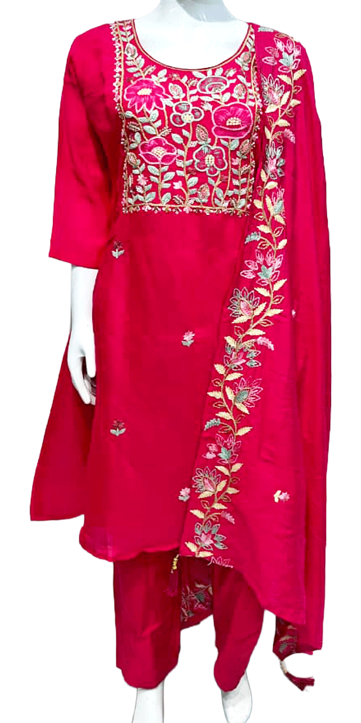 Pink 3pcs Pant Suit, Floral Embroidery, Mul Chanderi Indian Ethnic Suit,