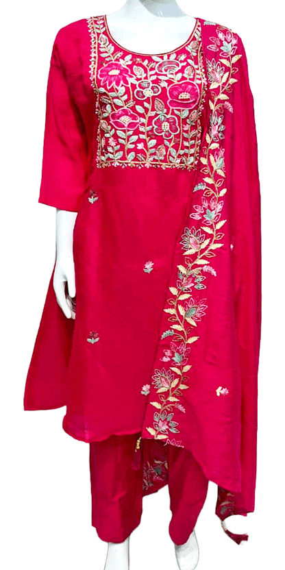 Pink 3pcs Pant Suit, Floral Embroidery, Mul Chanderi Indian Ethnic Suit,