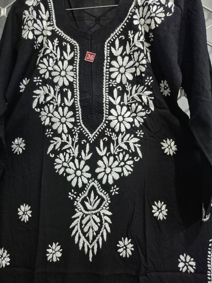 Black Modal Kurti with White Floral Embroidery – Women's Handcrafted Ethnic Kurta | 44 Inch Length | Indian Traditional Wear MS