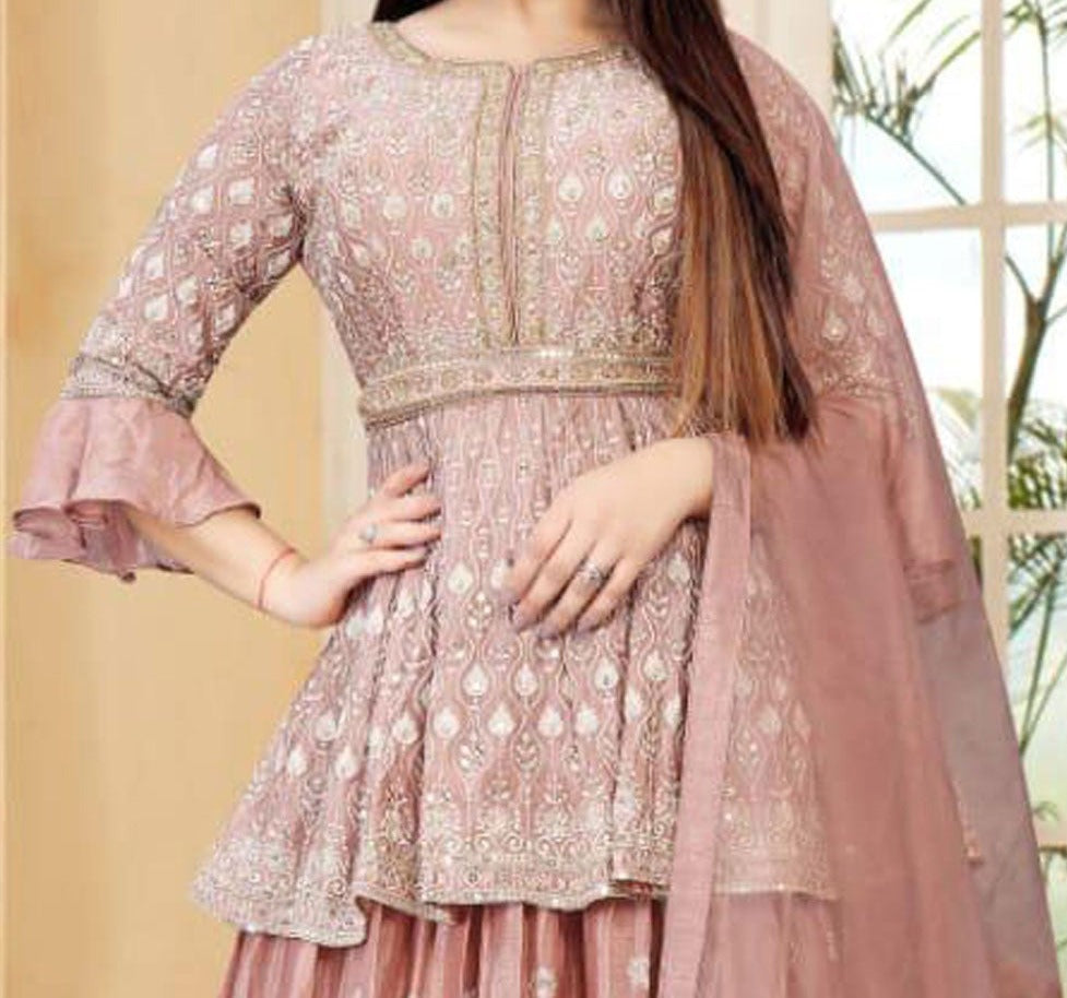 Peach Lehenga with long Blouse, Light grey Long Indian Skirt, Sequins CNP Associates LLC Peach Lehenga with long Blouse, Light grey Long Indian Skirt, Sequins CNP Associates LLC