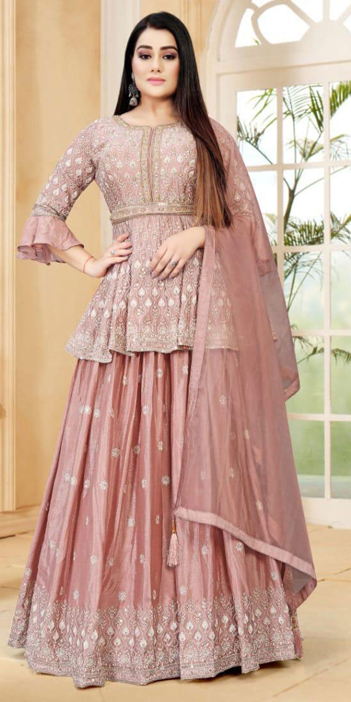 Peach Lehenga with long Blouse, Light grey Long Indian Skirt, Sequins work, Partywear, wedding wear, Bridesmaid dress, Pastel Color Lehenga