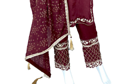 Maroon Pure Chinon Straight Pant Suit with Hand Embroidery Zardosi Work, Wedding wear