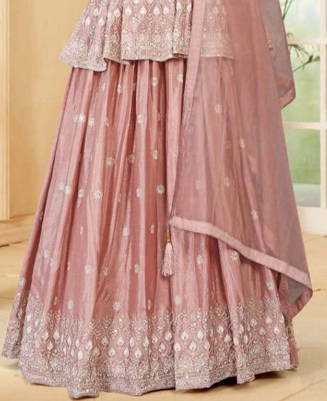 Peach Lehenga with long Blouse, Light grey Long Indian Skirt, Sequins work, Partywear, wedding wear, Bridesmaid dress, Pastel Color Lehenga