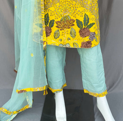 Yellow and Cyan Pure Cotton Indian Straight Pant Suit