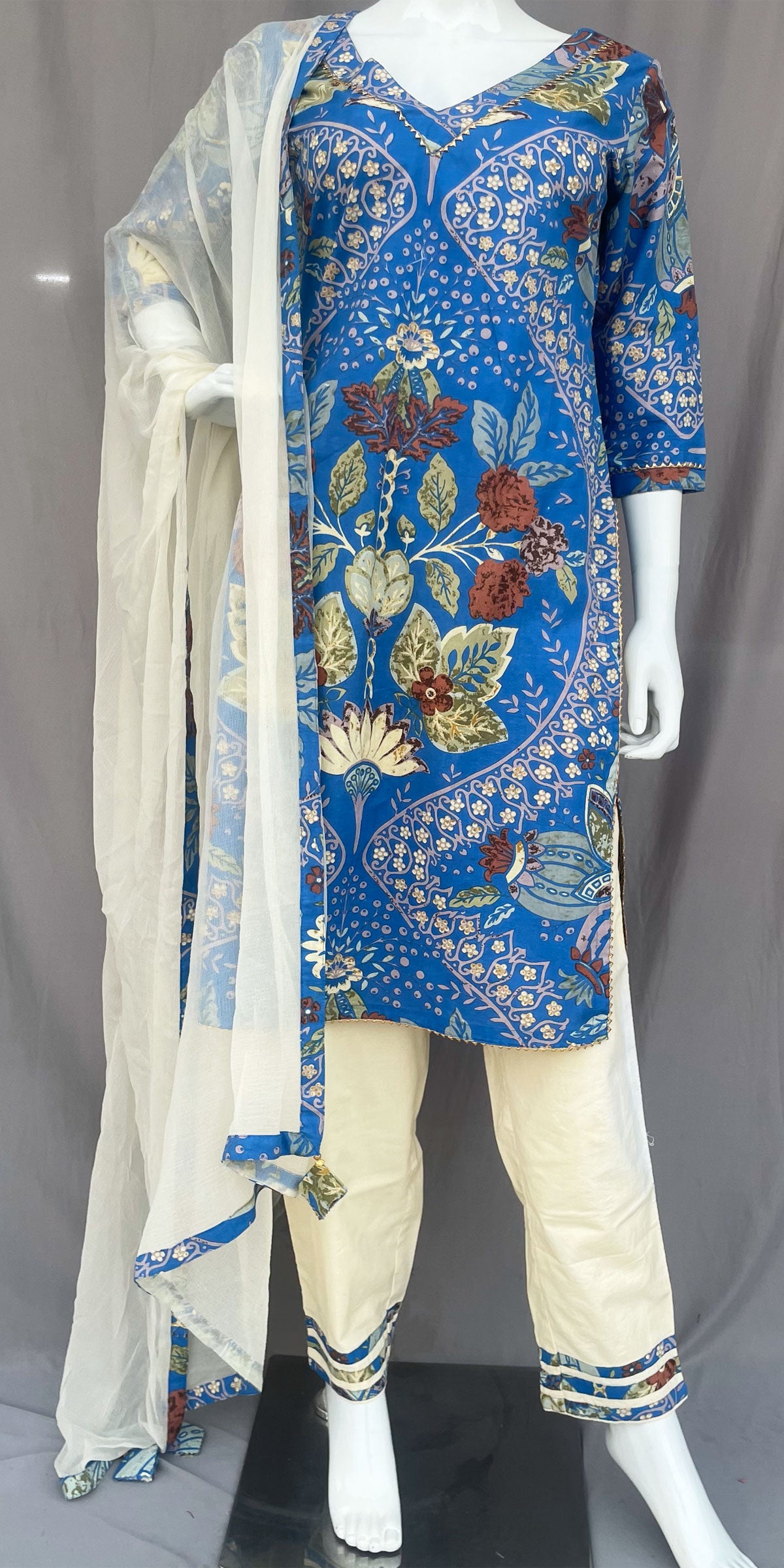 Blue Pure Cotton Suit, Blue Cotton Pant Suit, Blue Cotton Punjabi Suit, Cream Pure Cotton Suit, Cream Summer Indian Wear, Blue Straight pant Suit, Floral Cotton Indian Suit