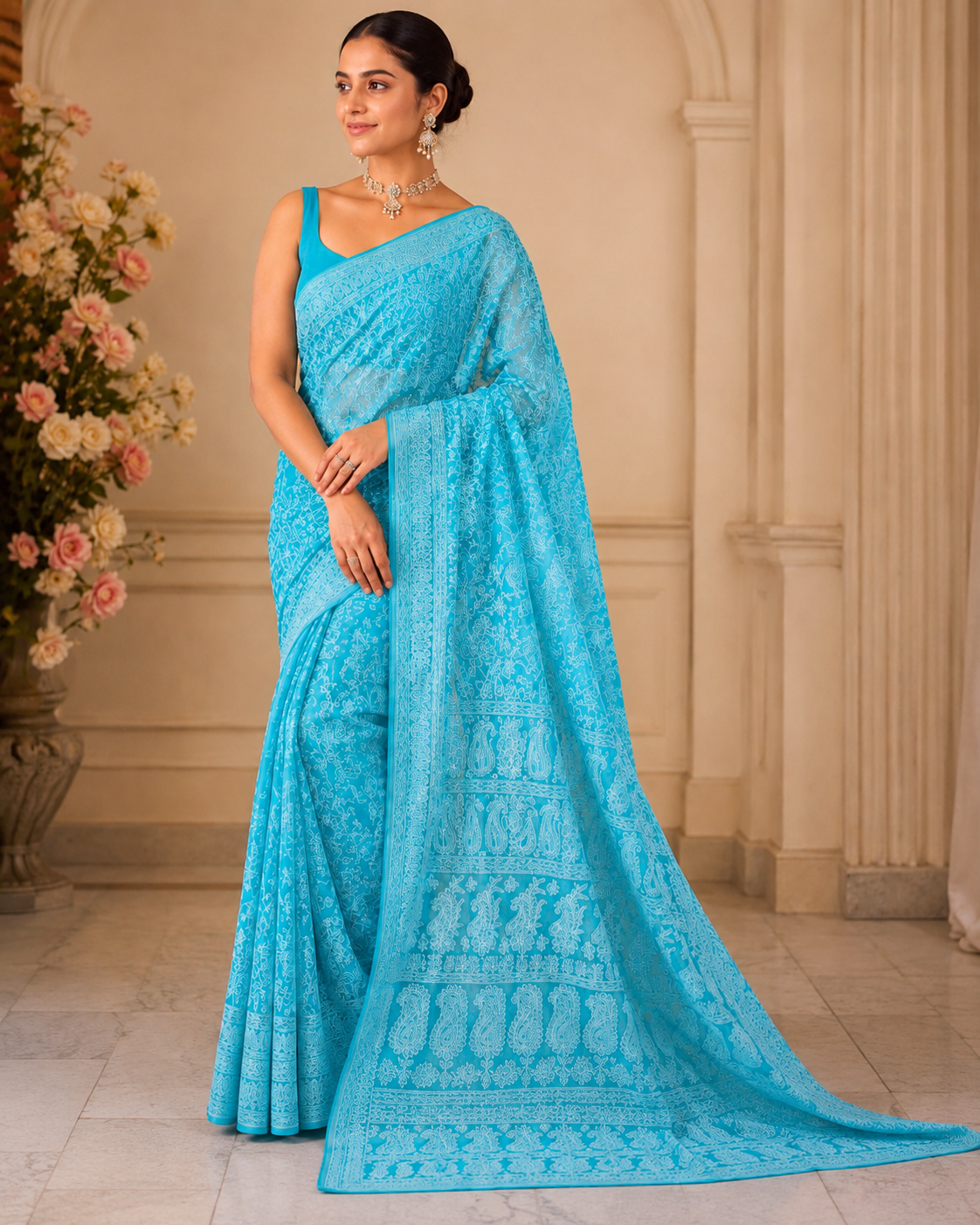 sky blue pure georgette saree highlighting intricate white floral embroidery, paisley motifs, and elegant embroidered border.