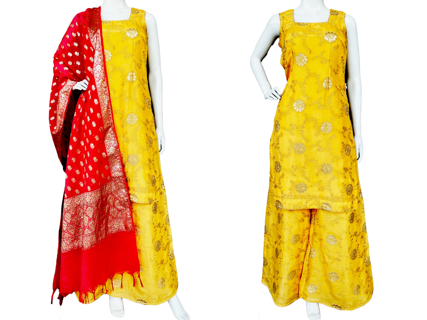 Yellow Pure Silk Palazzo Suit with Dupatta, Zari Floral Embroidery All over, Sleeveless kurta Palazzo