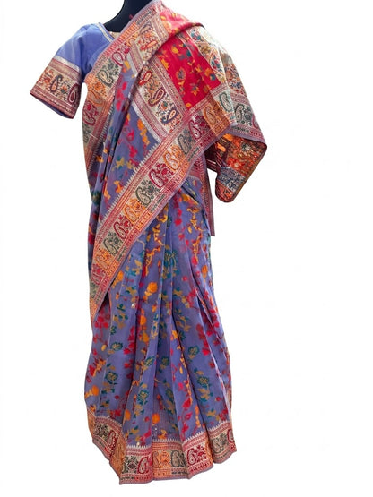 Back view of the purple pre-stitched Chanderi silk jacquard saree showing its multicolor woven pattern and drape.