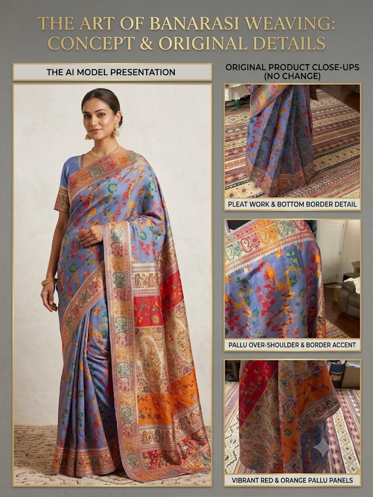 Detailed view of the saree's multicolor Chanderi silk jacquard fabric with traditional floral and geometric motifs.