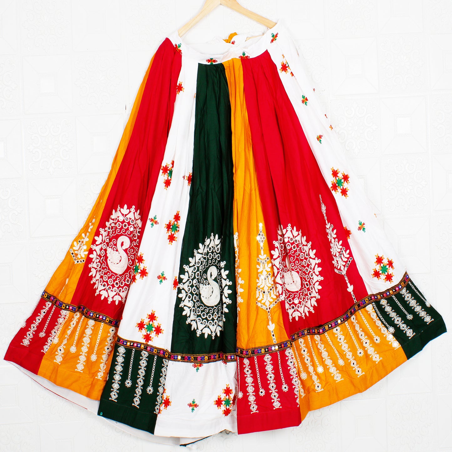 White Red Multicolor Gujarati Lehenga, Skirt Festive Indian Embroidery Long, Drawstring, Party Ethnic Traditional Skirts For Women, Garba