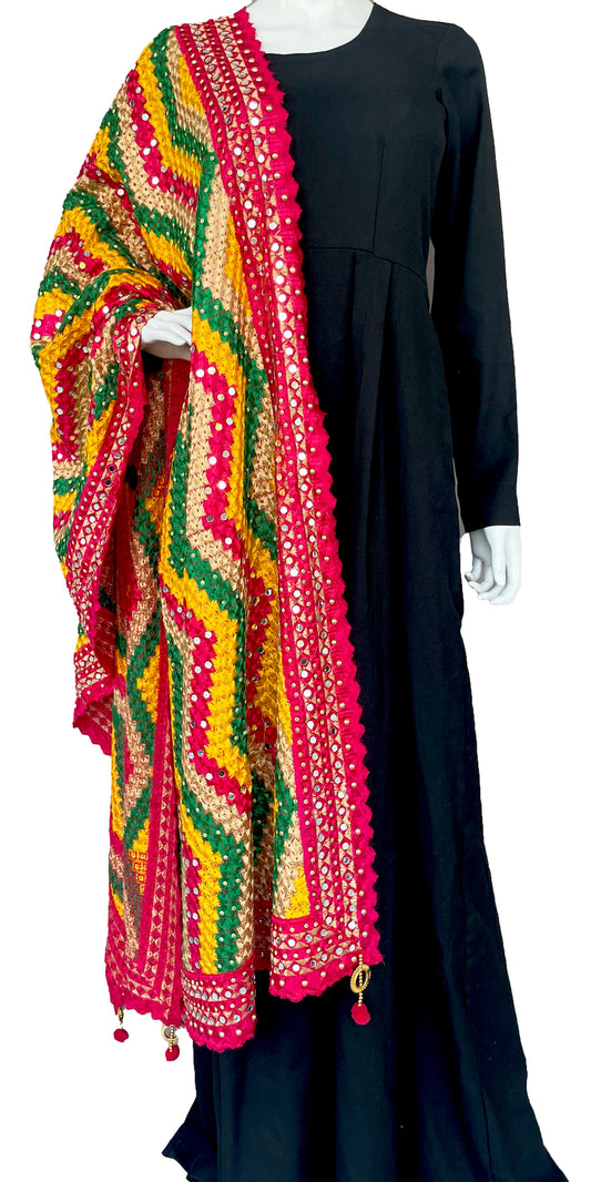 Pink Multicolor Golden Zig Zag Pattern Phulkari Dupatta, Indian Ethnic Punjabi Stole