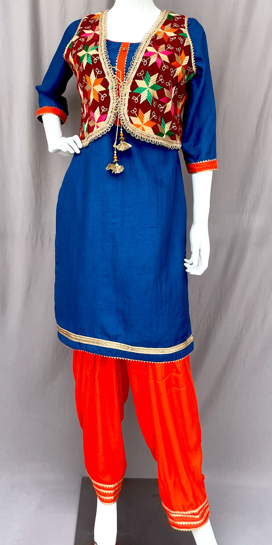 Maroon Phulkari Jacket with Patiala Salwar and Kurta, Bhangra dress for women, Gidda dress for women