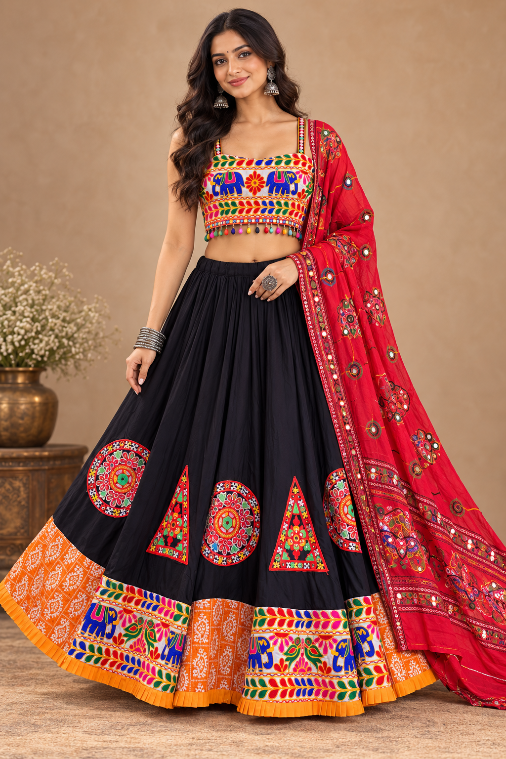 Black Chaniya Choli Garba Outfit with Satin Blouse and Red Mirror-Work Dupatta | Darpaha Fashions