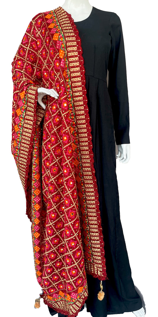 Maroon Golden Phulkari Dupatta, Indian Ethnic Punjabi Stole, with sequins work