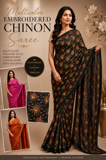 Multicolor Reshmi Thread Embroidered Chinnon Saree with Sequins - Kanchan Phulkari / Punjabi Phulkari Style