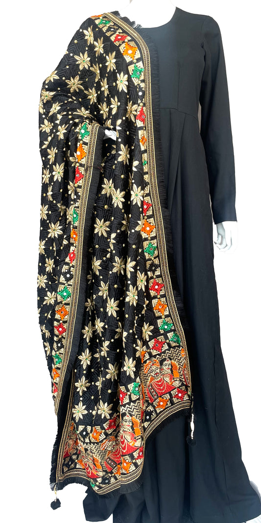 Black Golden Phulkari Dupatta, Indian Ethnic Punjabi Stole