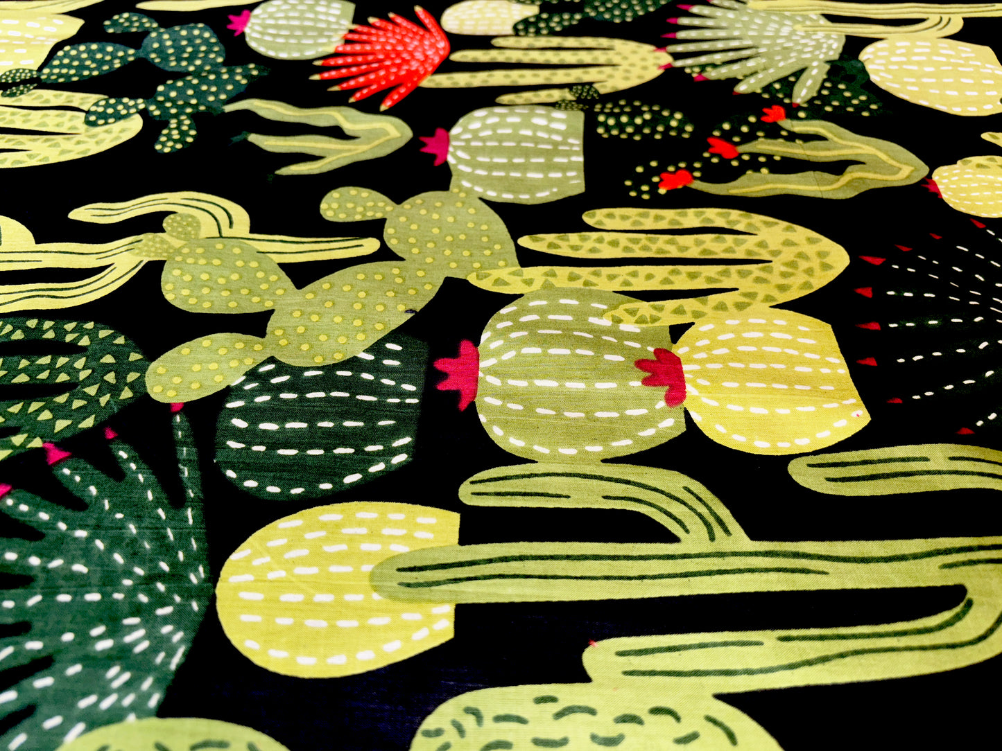 Black Pure Cotton Cambric Printed Fabrics, Colorful Cactus Print, Floral