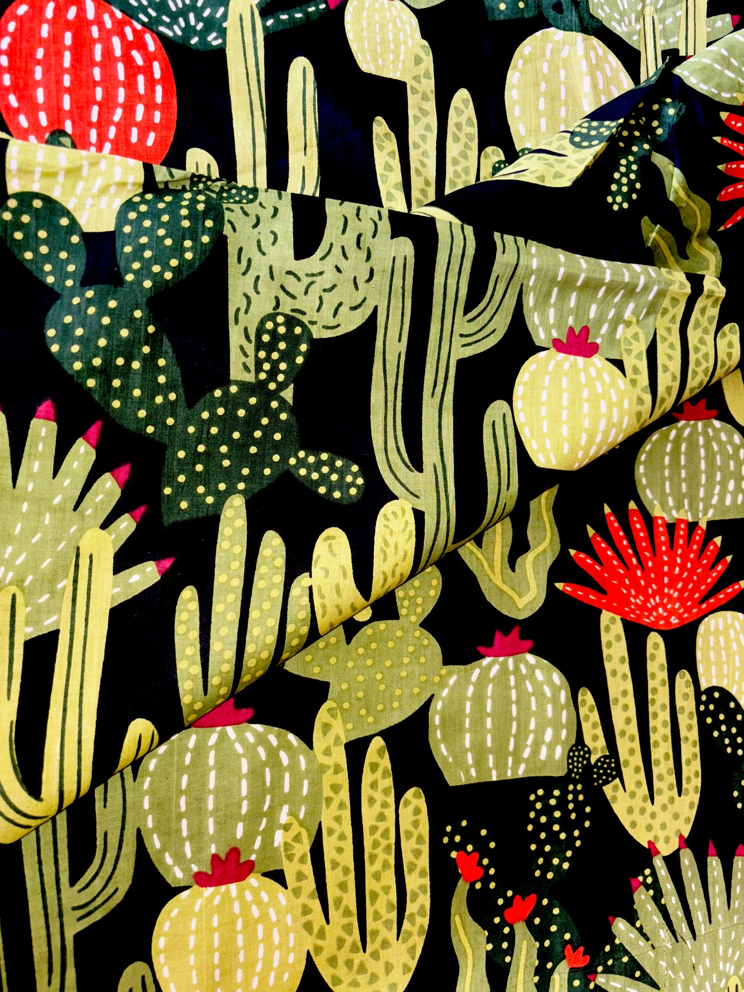 Black Pure Cotton Cambric Printed Fabrics, Colorful Cactus Print, Floral