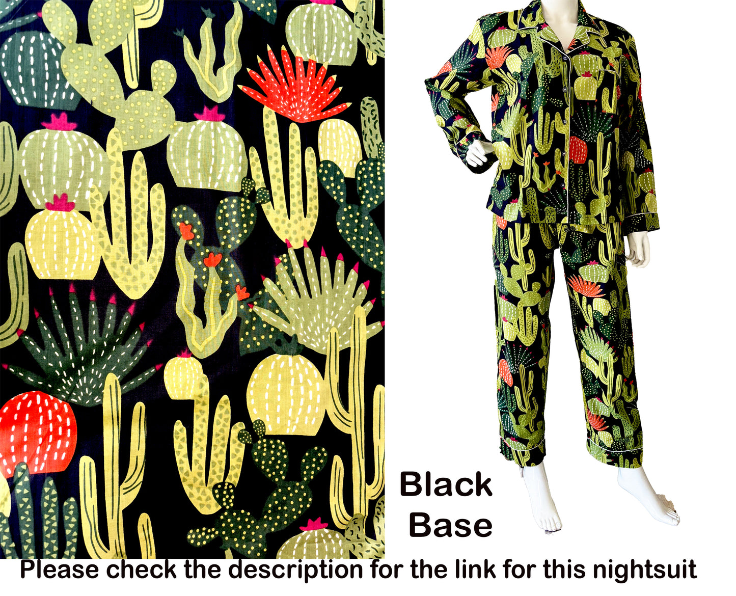 Black Pure Cotton Cambric Printed Fabrics, Colorful Cactus Print, Floral