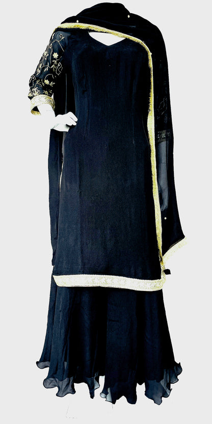 Black Pure Chinon Gharara Suit with Golden Border and Dupatta 45AL23SU50