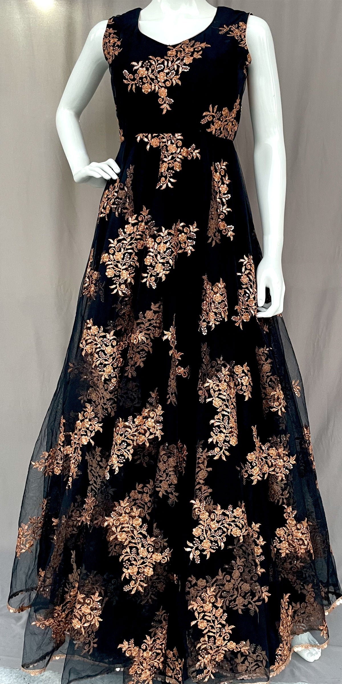 Black Flared Net Long Gown with Dupatta, Indian Long Dress, Embroidery Black Flared Net Long Gown with Dupatta, Indian Long Dress, Embroidery