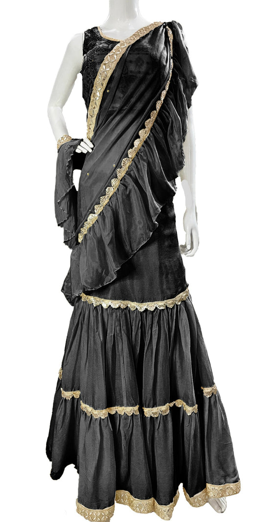 Black Pure Chinon Saree, Ready to wear Sari, Skirt Saree with Pure Dola SILK Blouse