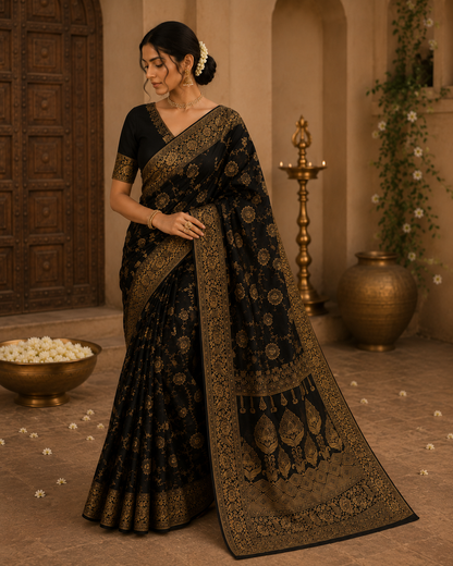 Black Dola silk saree featuring antique gold zari floral motifs, traditional woven pallu, and matching blouse.