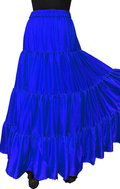Bright Blue Tiered Silk Ankle Length Skirt Comfortable Elastic Waist Flared Layer