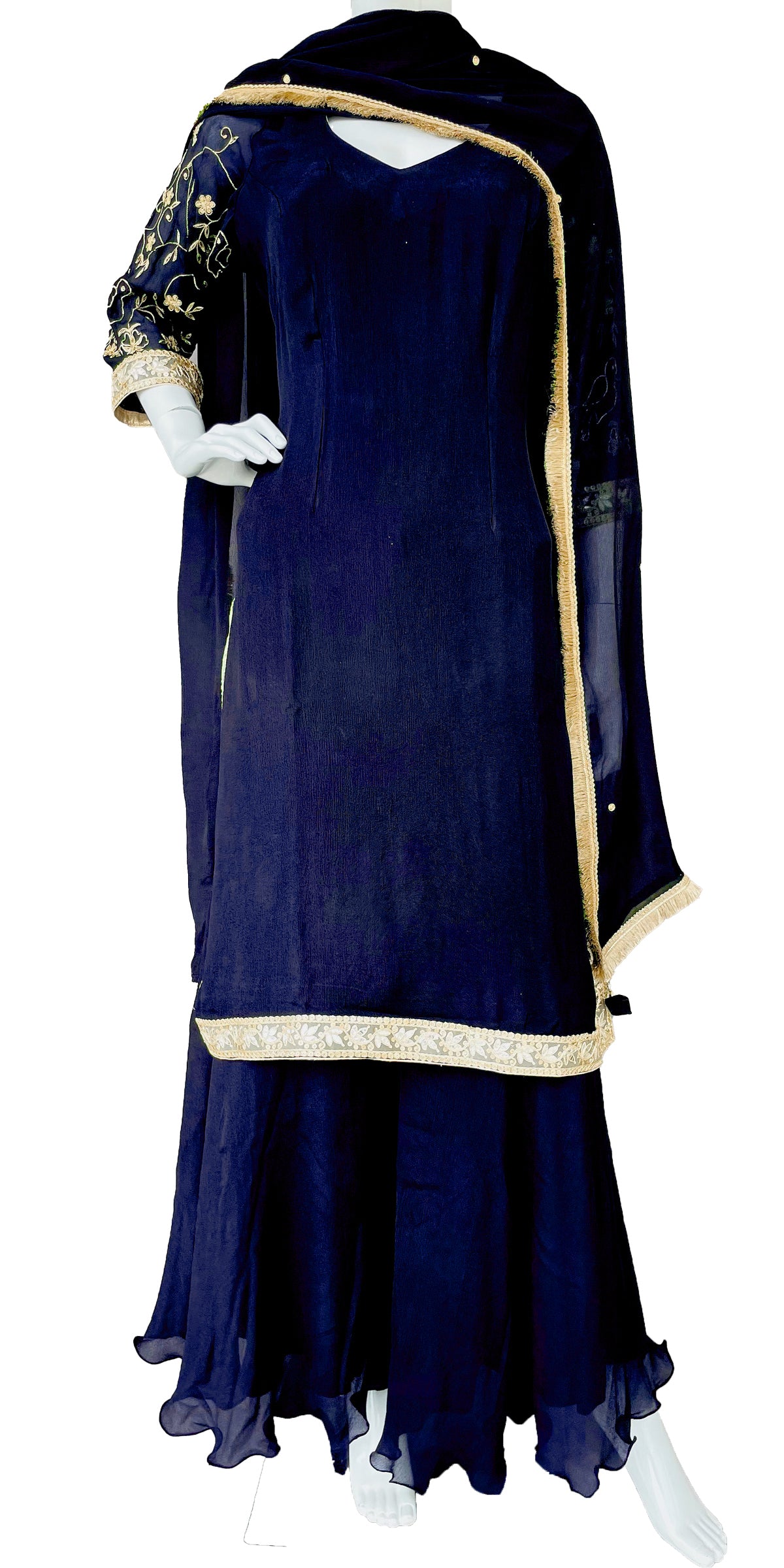 Blue Pure Chinon Gharara Suit with Golden Border and Dupatta