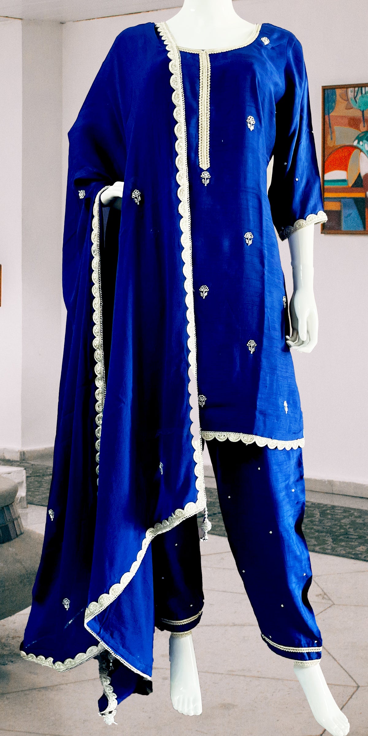 Pure Silk Pant Suit, Silver Straight pant Suit, Indian Straight pant Blue Suit, Pure Silk Hand embroidered Outfit,  