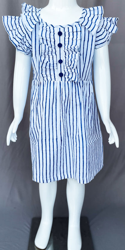 Blue Striped Cotton Dress, Summer wear for Girls, White Frock for Girl Child